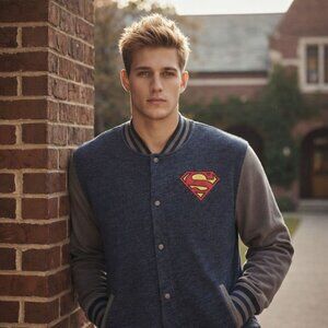 Superman Patch Varsity Bomber Men's XL Blue Heather Snap Jacket DC Comics Rare